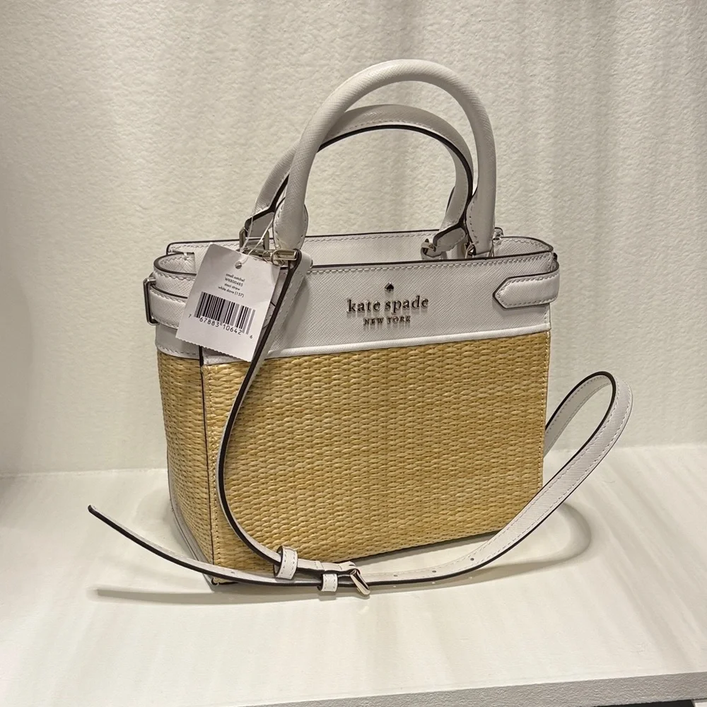 NWT Kate Spade White and Natural Woven Leather-Trim Staci Straw Satchel - Picture 3 of 5